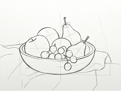 Stage three of the bowl of fruit tutorial showing refined ellipses for the rim and foot of the bowl.