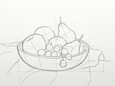 Stage four of the bowl of fruit tutorial showing accurate contours on each apple, pear, and grape.
