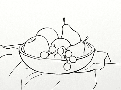 Stage five of the bowl of fruit tutorial showing only ink outlines after graphite has been erased.