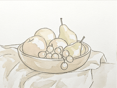 Stage seven of the bowl of fruit tutorial showing the first pale watercolor wash on each fruit.
