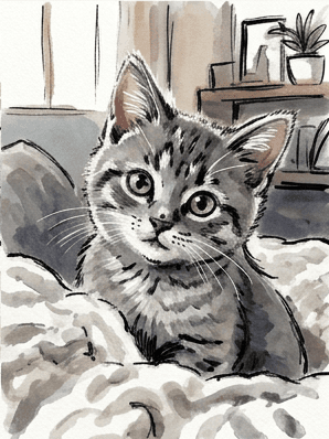 Finished loose ink and wash painting of the grey kitten with shadow accents and whiskers