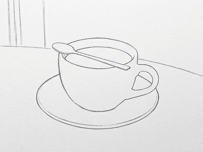 5th step of the how to draw a coffee cup tutorial: erase construction, clean outline.