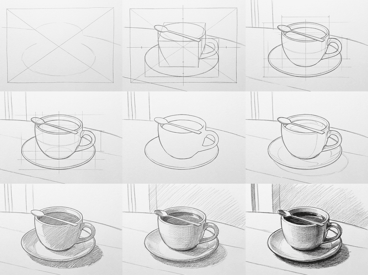 Pencil sketch tutorial of a ceramic coffee mug