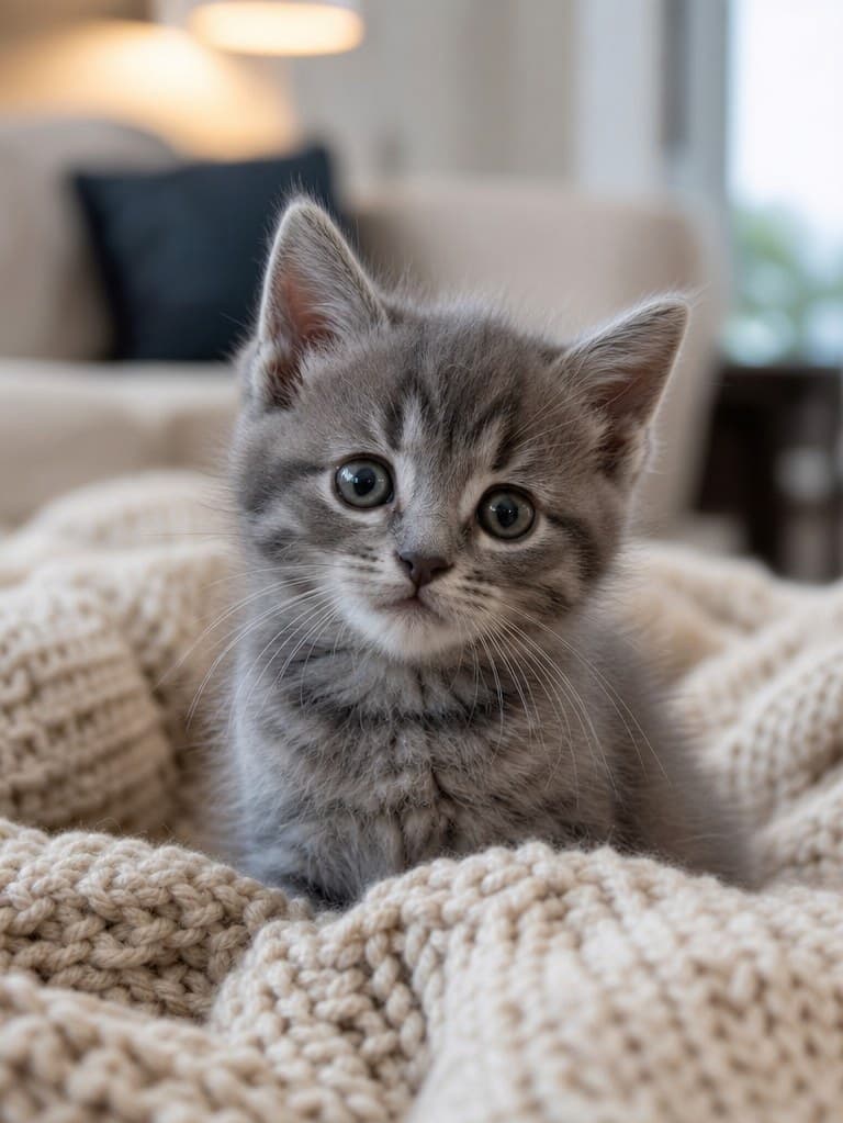 AI source photo of a small grey kitten sitting on a knitted blanket in warm window light, used as the reference for this tutorial.