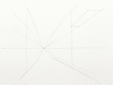 Stage 1: faint pencil horizon and outer envelope of the city street scene.