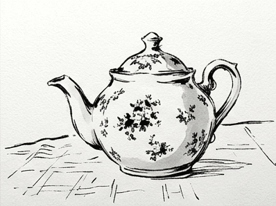Light ink outlines mapping out the shadow shapes on the teapot and table