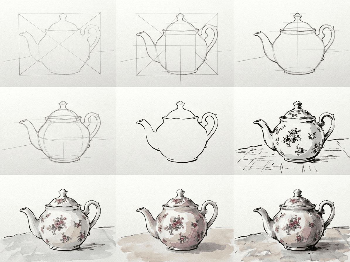 Loose ink and watercolor sketch of a vintage teapot