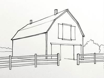 Pencil sketch adding the hayloft door, fence and distant treeline.