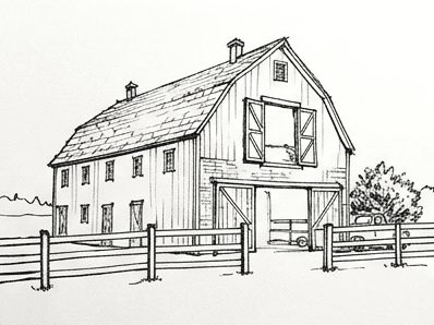 Inked outline of the barn with structural edges drawn in.