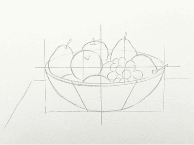 Stage 2 of the bowl of fruit watercolor tutorial showing rough pencil blocks for the bowl, apples, pear, and grape mass.