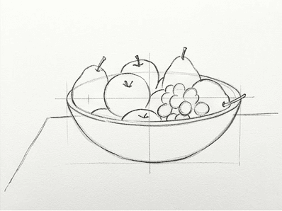 Stage 3 of the bowl of fruit watercolor tutorial showing refined pencil ellipses on the rim and base.