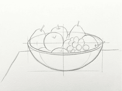 Stage 4 of the bowl of fruit watercolor tutorial showing clean refined pencil curves for the bowl and fruit.