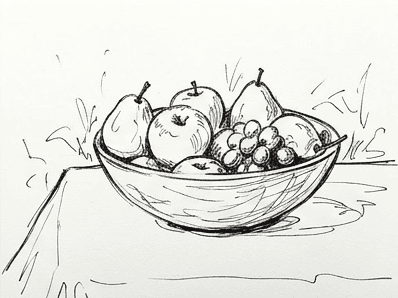 Stage 6 of the bowl of fruit watercolor tutorial showing inked shadow outlines on the cloth and inside the bowl.