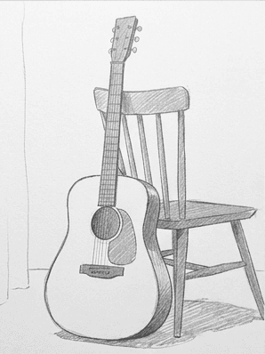 Parallel hatching filling each shadow patch on the guitar