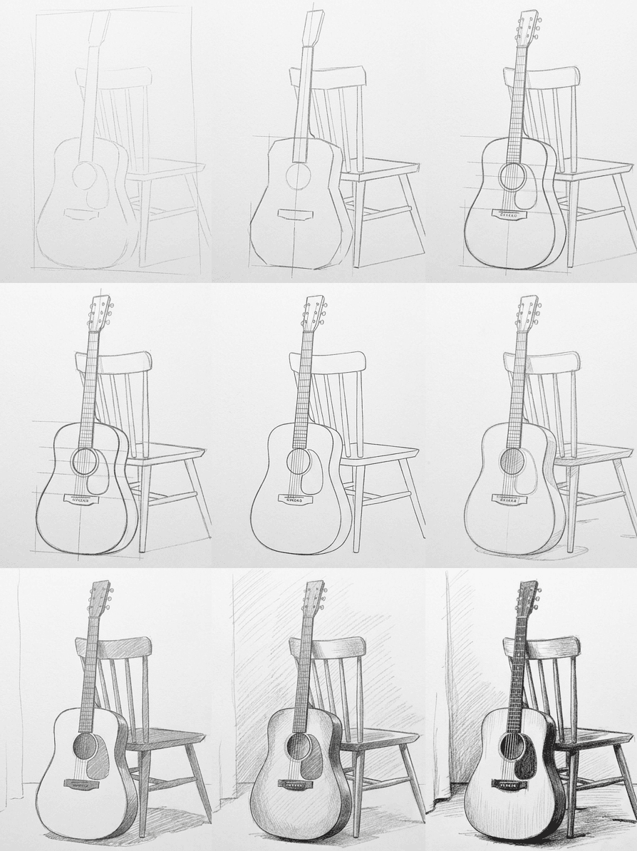 Pencil sketch tutorial of an acoustic guitar