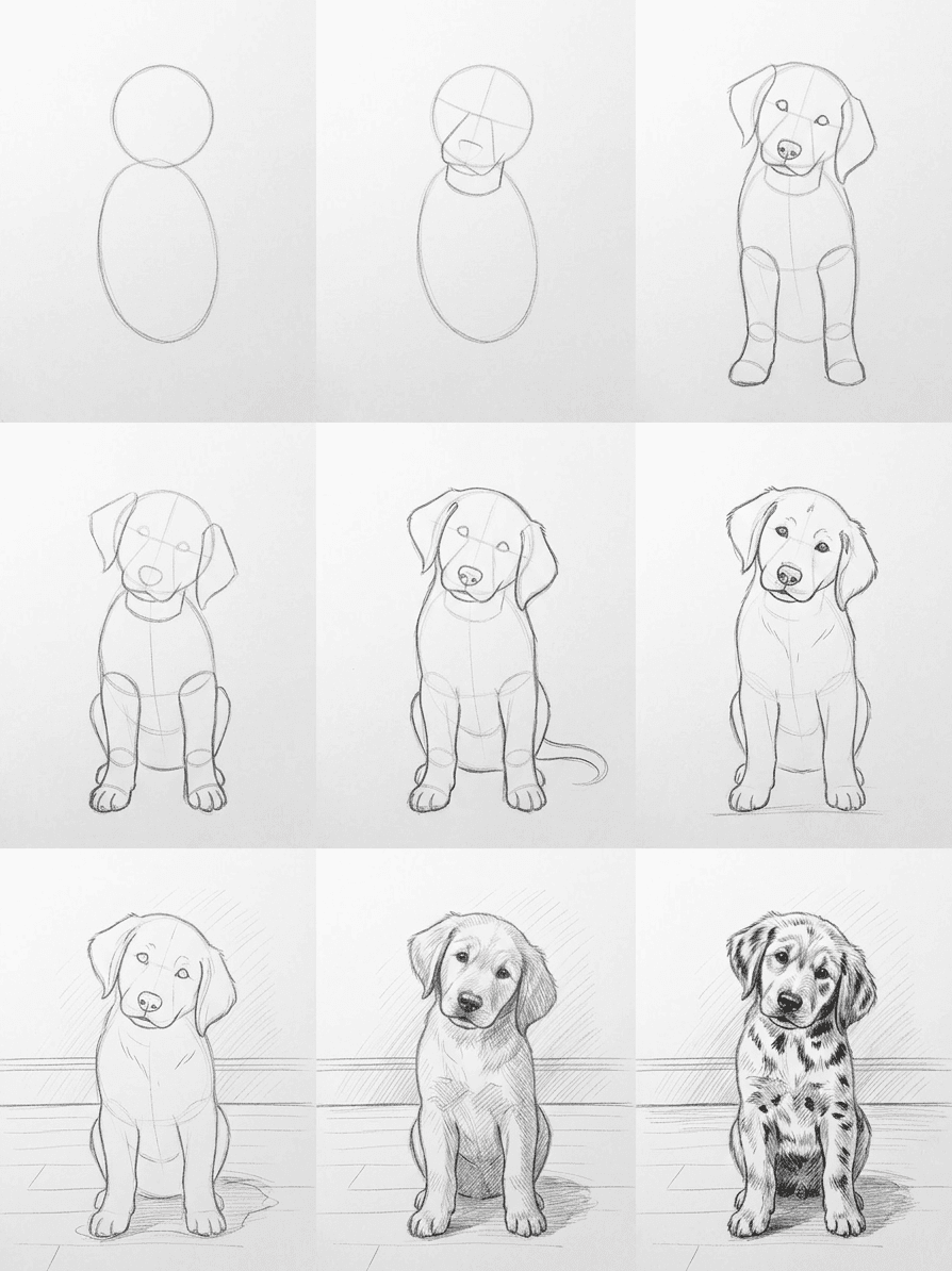Pencil sketch tutorial of a golden labrador puppy