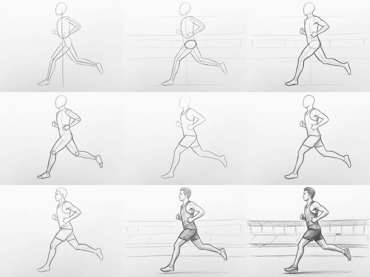 Pencil sketch tutorial of a runner mid-stride