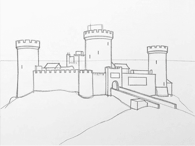 Pencil drawing adding the gatehouse, an inner roof, and the wall walk.