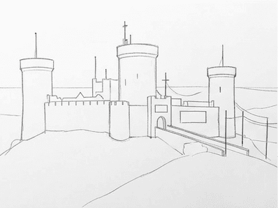 Pencil sketch adding a tall banner pole and the angled causeway railing.
