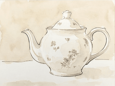 Teapot with a first pale grey watercolor wash on the shadow side.