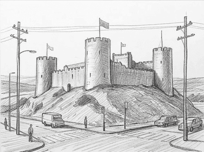 Finished pencil castle with deep shadows, stone texture, flags, and a shaded rocky hill.
