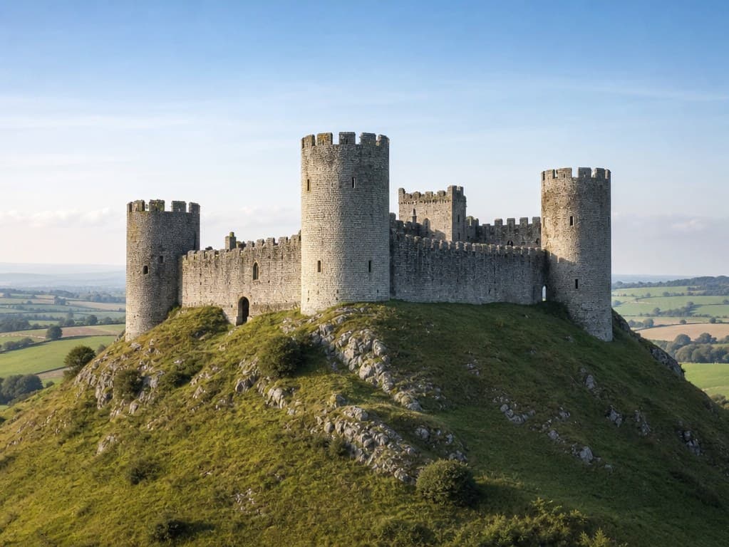 Photograph of a medieval stone castle with three round towers on a rocky green hill, used as the drawing reference.